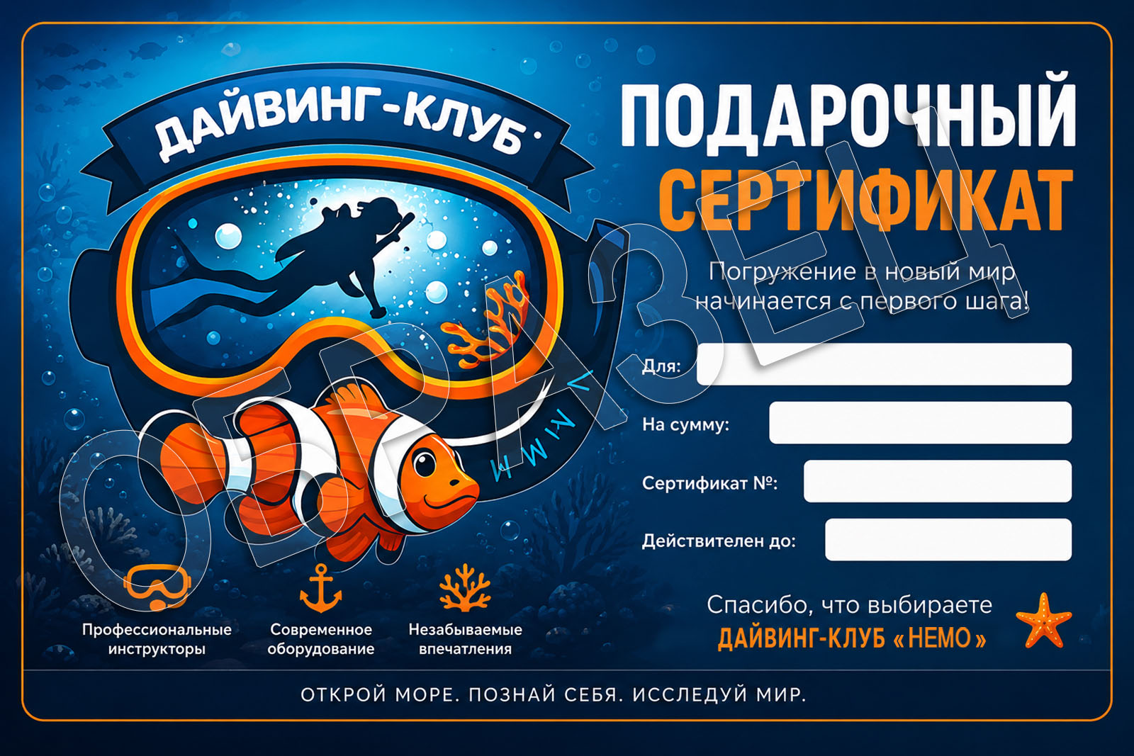 Подарочный сертификат на пробное погружение Подарочный сертификат на пробное погружение
